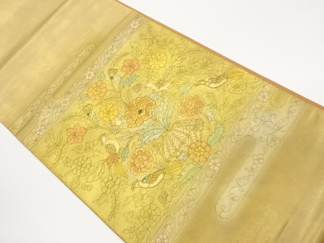 JAPANESE FUKURO OBI / EMBROIDERY / KINSAI / SHELL INLAY / FLORAL PLANTS